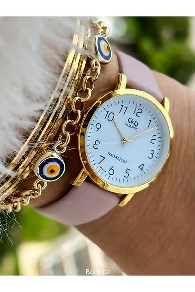 Q&Q Retro Brand Leather Corded Gold Case Women's Wristwatch and Bracelet - Polite with Numerals