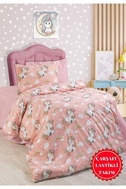 Şahinhome Kız Unicorn Desen Tek Kişilik Lastikli Çarşaflı Nevresim Takımı (10...