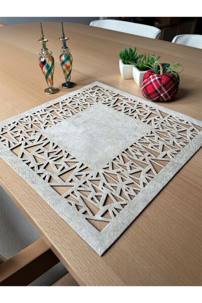 Ergüven Home Bej (CREM ÎNCHIS) Tesatura din piele intoarsa American Service Supla 35x35 Cm Set de 6 - Model triunghi geometric