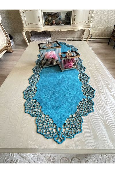 Ergüven Home Masuta de cafea Runner Tesatura din piele intoarsa albastra 40x100 Cm - Design Modern