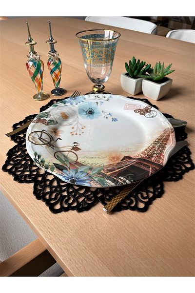 Ergüven Home Set de 6 plăci rotunde din țesătură din catifea neagră 35x35cm
