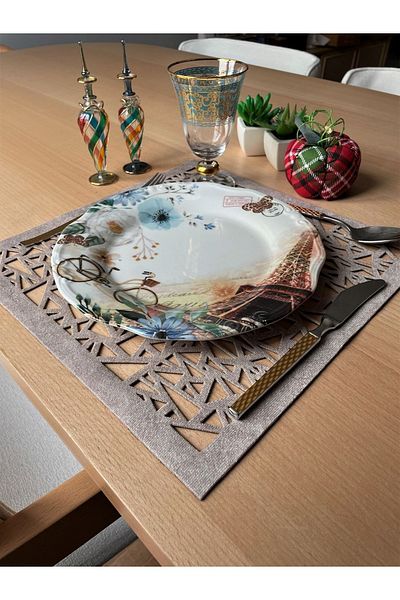Ergüven Home Σκούρο μπεζ (PIECE COLOR) σουέντ ύφασμα American Service Πλάκα 35x35 cm Τετράγωνο Σετ 6 - Γεωμετρικό Τρίγωνο Μοτίβο
