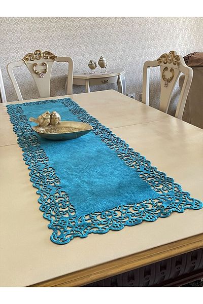 Ergüven Home Albastru din Tesatura din piele intoarsa Runner 40x140 Cm Lungime Masa - Model Dreptunghiular