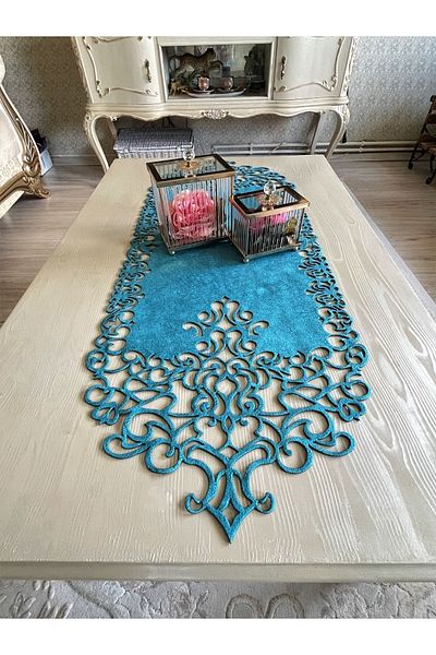 Ergüven Home Masuta de cafea Runner Tesatura din piele intoarsa albastra 40x100 Cm - Design Modern