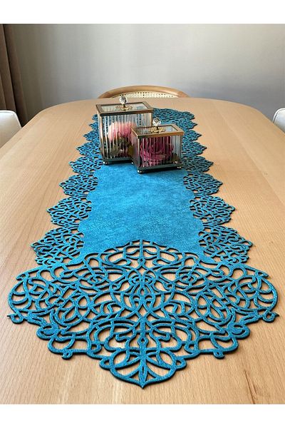 Ergüven Home Blue Suede Fabric Runner 40x140 cm Μήκος Τραπεζιού - Μοντέρνο Σχέδιο