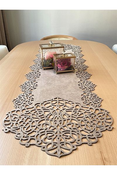 Ergüven Home Μοντέρνο Σχέδιο - Σκούρο Μπεζ Suede Runner, Μέγεθος Τραπεζιού 40x140 cm
