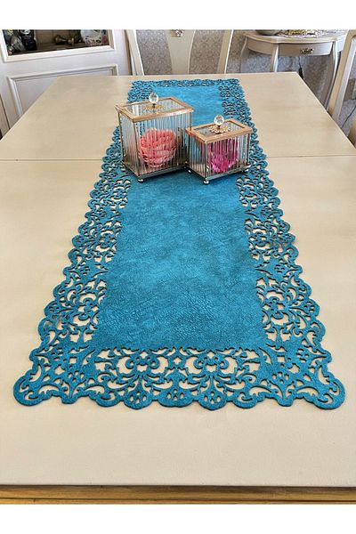 Ergüven Home Albastru din Tesatura din piele intoarsa Runner 40x140 Cm Lungime Masa - Model Dreptunghiular