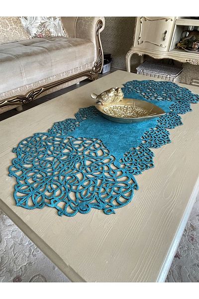 Ergüven Home Μπλε Suede Fabric Runner 40x100 cm Μήκος Τραπεζιού Σαλονιού - Μοντέρνο Σχέδιο