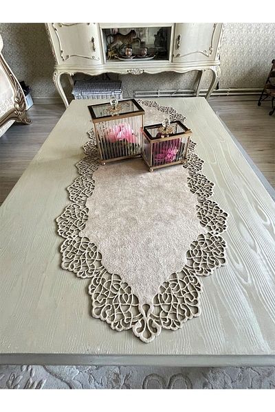 Ergüven Home Μπεζ (ΣΚΟΥΡΑ ΚΡΕΜΑ) Suede Fabric Runner 40x100 cm Μήκος Τραπεζιού Σαλονιού - Μοντέρνο Σχέδιο