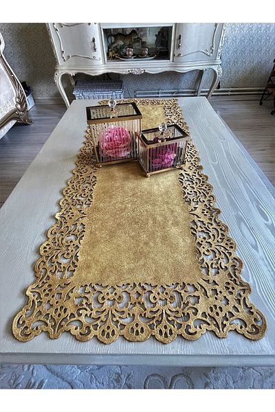 Ergüven Home Μουσταρδί κίτρινο σουέντ ύφασμα Runner 40x100 cm Μήκος τραπεζιού σαλονιού - Ορθογώνιο μοντέλο