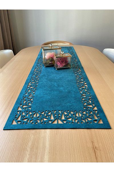 Ergüven Home Blue Suede Fabric Runner 40x140 cm Μήκος τραπεζιού - Γεωμετρικό τρίγωνο σχέδιο
