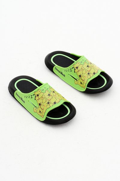 Tonny Black Green Teddy Bear Patterned Unisex Children's Slippers - Poly Sole