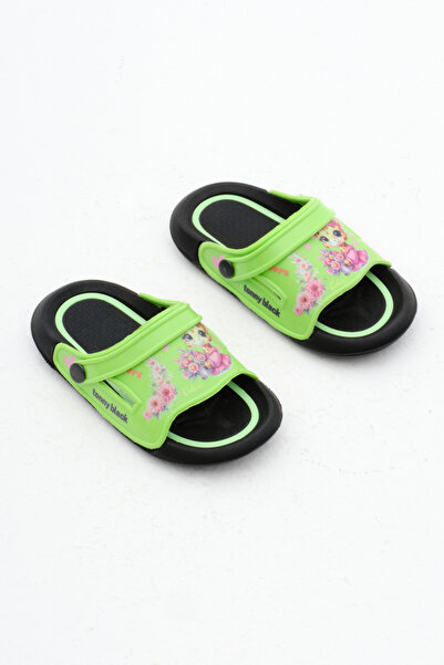 Tonny Black Green Flower Patterned Girl's Slippers - Poly Sole