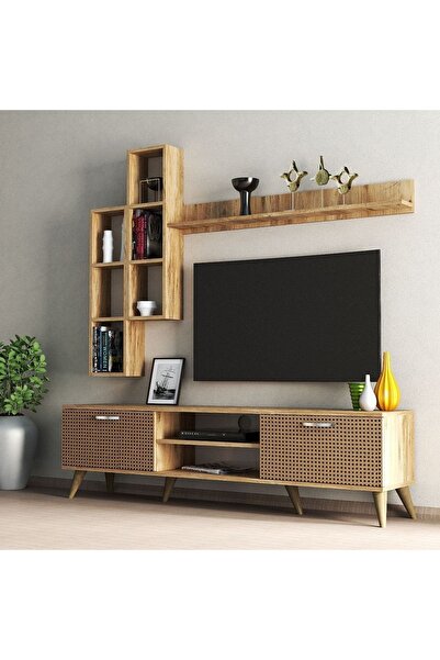 Tanmob Mega 180 Lik Kitaplıklı Raflı Tv Ünitesi Çam Hazeran Kapaklı - Tvu0304