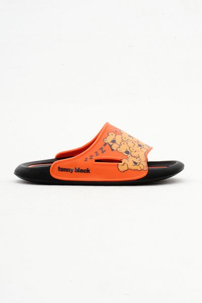 Tonny Black Unisex Children's Slippers - Orange Teddy Bear Pattern, Poly Sole