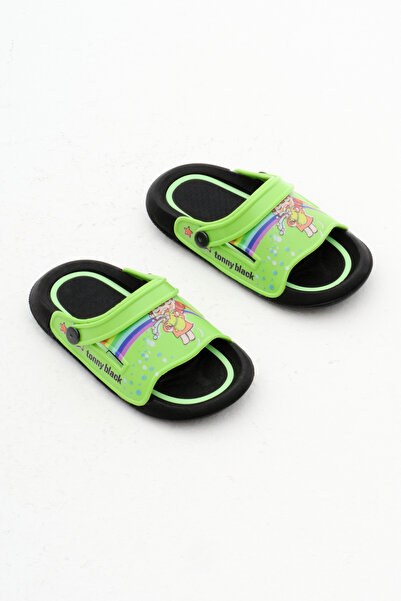 Tonny Black Green Rainbow Patterned Girl's Slippers - Poly Sole
