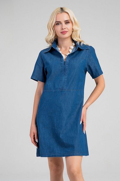 Bold & Young Rochie de damă Indigo cu jumătate de plăcuță, cu fermoar, cu mânecă scurtă, cu guler de cămașă subțire, blugi