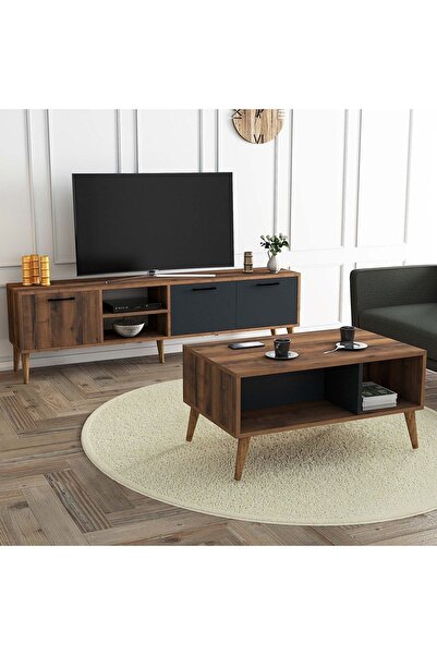 Mezza Set 1581-2070 Exxen 180 CM (AHŞAP AYAKLI) Tv Ünitesi Orta Sehpa Seti - Hat-antrasit Rengi