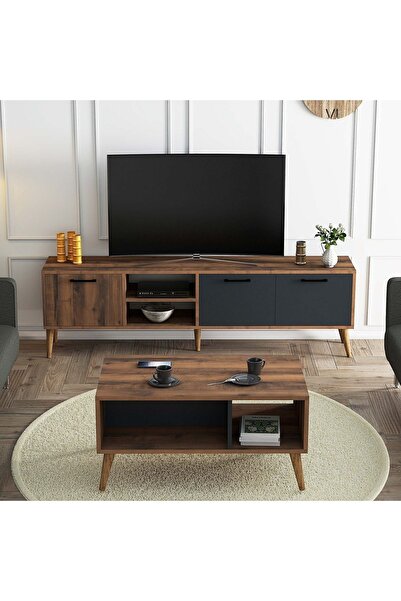 Mezza Set 1581-2070 Exxen 180 CM (AHŞAP AYAKLI) Tv Ünitesi Orta Sehpa Seti - Hat-antrasit Rengi