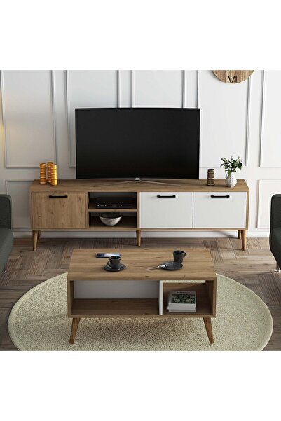 Mezza Set 1585-2074 Exxen 180 Cm (AHŞAP AYAKLI) Tv Ünitesi - Orta Sehpa Seti Sepet - Beyaz Rengi