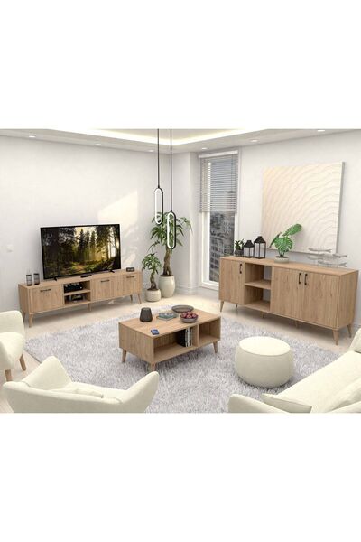 Mezza Set 1587-2076-1626 Exxen (AHŞAP AYAKLI) Tv Ünitesi - Orta Sehpa - Konsol Seti Sepet Rengi