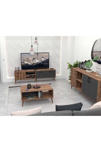 Mezza Set 1581-2070-1620 Exxen (AHŞAP AYAKLI) Tv Ünitesi - Orta Sehpa - Konsol Seti Hat - Antrasit