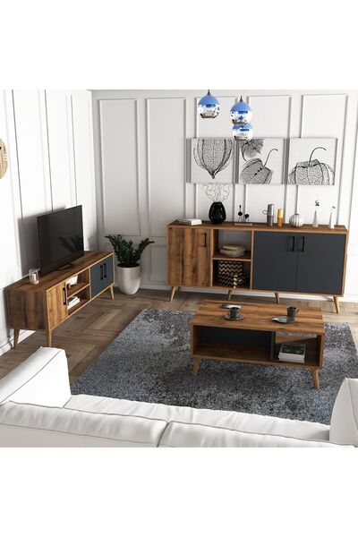 Mezza Set 1580-2070-1620 Exxen (AHŞAP AYAKLI) Tv Ünitesi - Orta Sehpa - Konsol Seti Hat - Antrasit