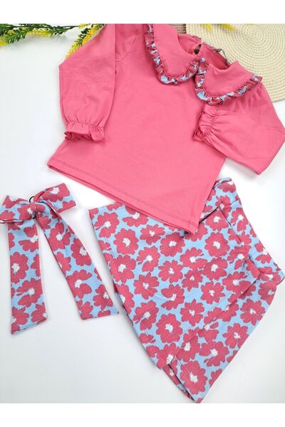 Butik Set fustă și tricou pentru fete roz - cu cataramă și guler bebeluș