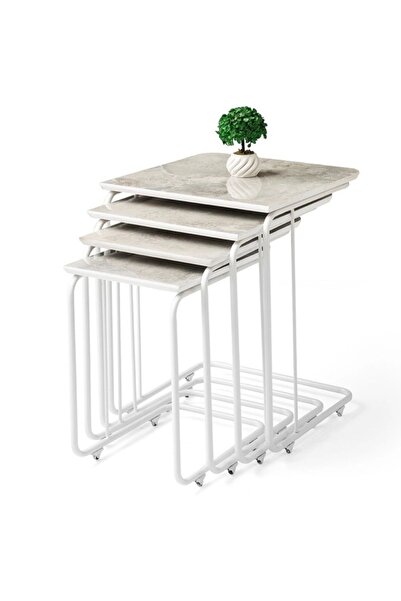 Evistro Parlak Ahşap Beyaz Mermer Desenli 4 lü Zigon Sehpa Metal Ayaklı