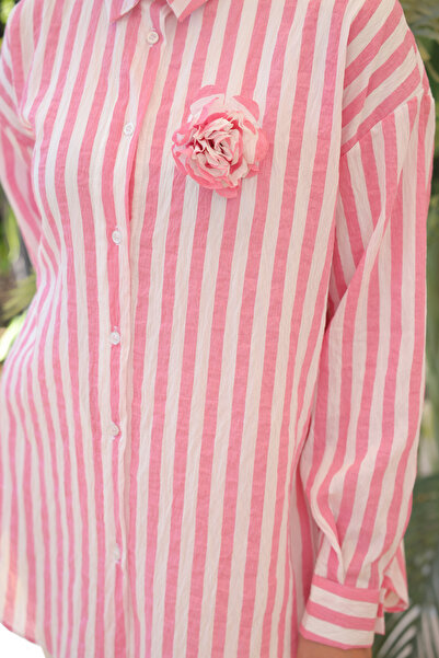 benguen 2094 Model - Pink Striped Shirt with Rose Accessories