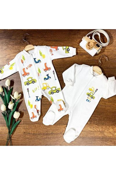 Renkli Puset Organic Cotton 2-Piece Zippered Baby Boy Sleeping Bag Set Cars