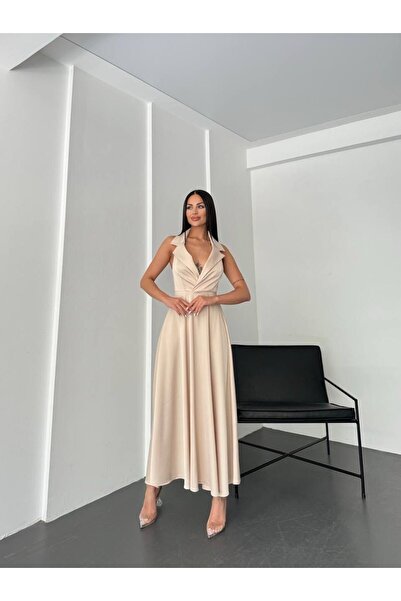 FGKBOUTİQUE Krem Saten Maxi Elbise