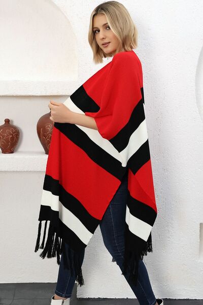 ALCHON V-Neck Short Sleeve Skirt with Tassels Color Block Midi Length Knitwear Shawl Look Poncho