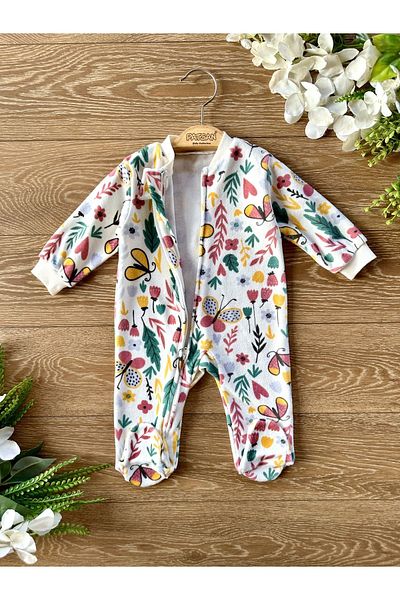 Renkli Puset Baby Girl Sleeping Bag with Velvet Zippered Winter Booties Flower Butterfly