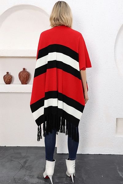 ALCHON V-Neck Short Sleeve Skirt with Tassels Color Block Midi Length Knitwear Shawl Look Poncho