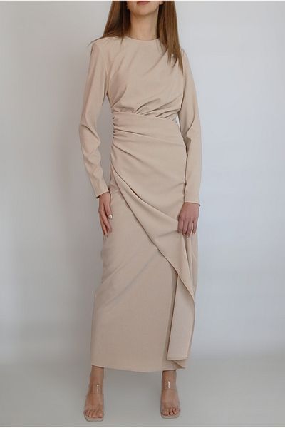 oyagüler Beige Draped Maxi Hijab Dress - YY101145