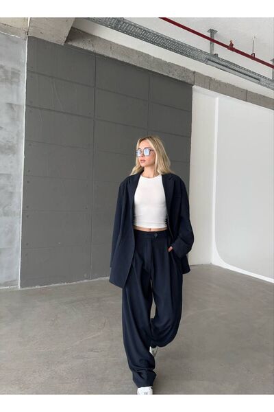 Askı Nişantaşı Lacivert Beli Lastikli Önden Pens Detaylı Palazzo Pantolon