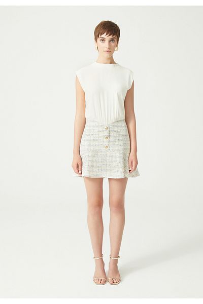 Just Like You Sleeveless Mini Tweed Dress - Ecru, Flounce Skirt