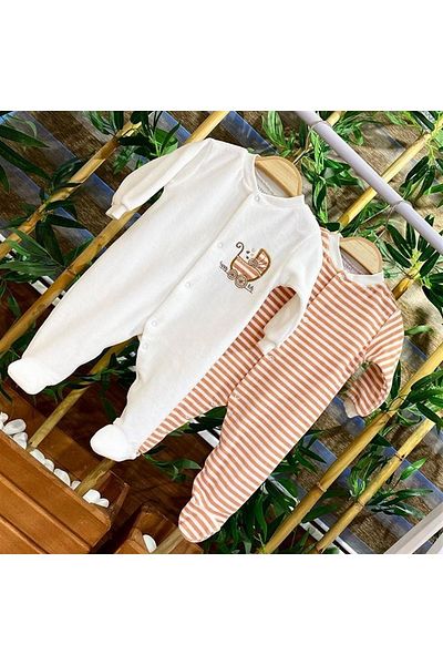 Renkli Puset 2-Piece Velvet Newborn Baby Jumpsuit Set with Booties Striped