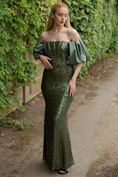 SpringStore Haki Balon Kol Pul Payetli Straplez Abiye Elbise