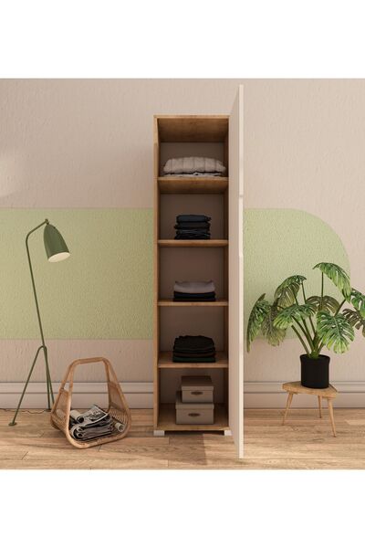 VM VERTEX MOBİLYA Flora 1 Kapaklı 5 Raflı Gardırop Safir Meşe - Beyaz Elbise Dolabı