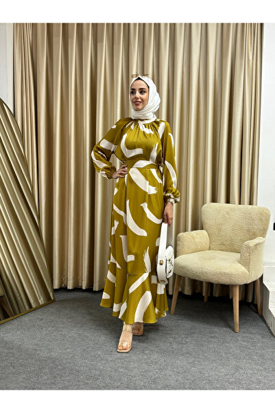 Aranlı tekstil Satin Hijab Dress - Patterned and Flounced Skirt