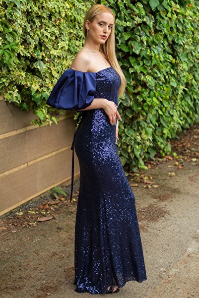 SpringStore Lacivert Balon Kol Pul Payetli Straplez Abiye Elbise