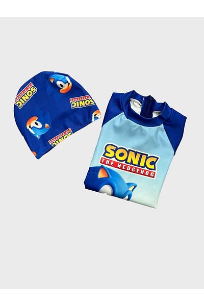 ALİŞ KİDS Costum de baie albastru pentru băiat - model sonic, mânecă scurtă, fermoar și protecție