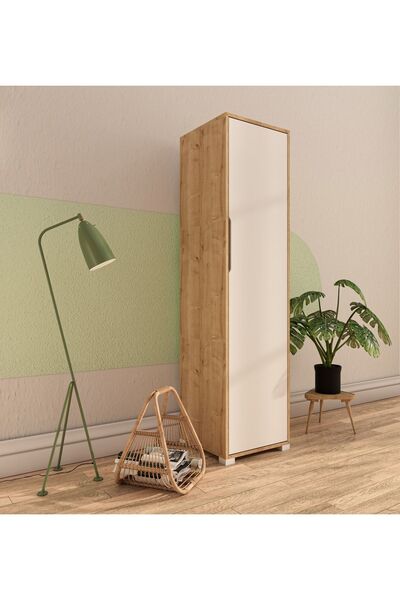 VM VERTEX MOBİLYA Flora 1 Kapaklı 5 Raflı Gardırop Safir Meşe - Beyaz Elbise Dolabı