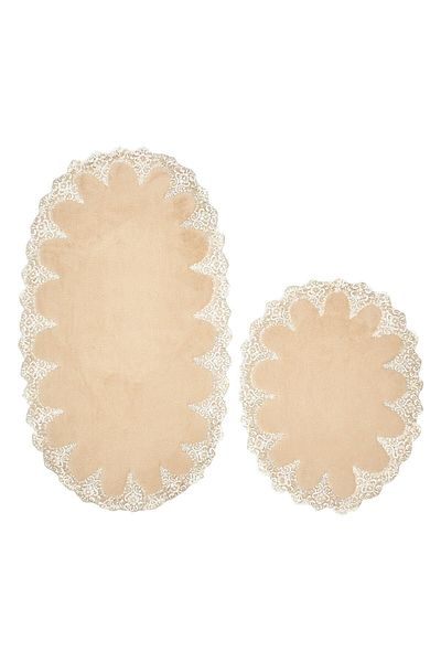Dekoreko Cotton Lacy 2-Piece Toilet Seat Set Bathroom Mat Set Oval Elaine Cappuccino