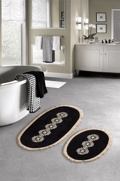 Dekoreko Welsoft Lacy 2-Piece Toilet Set Bathroom Mat Set Arlie Black