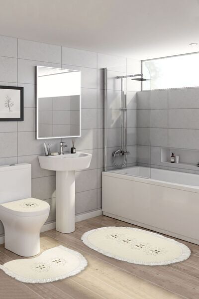 Luxury Home Welsoft Dantelli 3'lü Klozet Takımı Banyo Paspas Seti Connie Krem