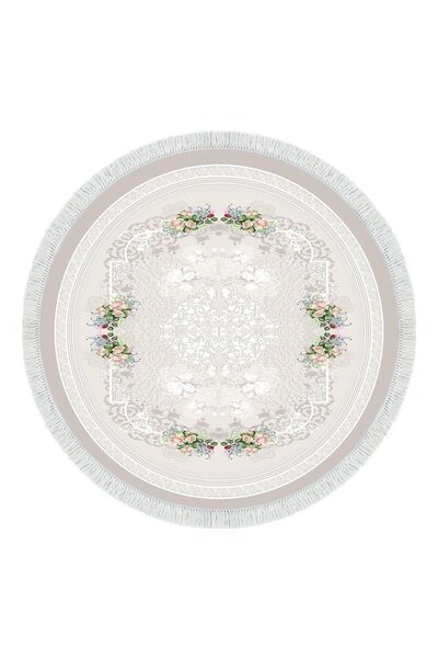 EXCLUSIVE Toprak Yuvarlak Saçaklı Dijital Salon Halısı Nida Krem