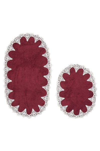 Dekoreko Cotton Lacy 2-Piece Toilet Set Bathroom Mat Set Oval Claret Red